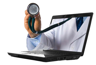 Stethoscope popping out of a laptop