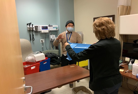 Raymond Lee, Clinical Pharmacist, VA Bedford on location at VA Manchester Healthcare System reviews flow and practice with Mary-Jean Kellermann, Chief Pharmacy, VA Manchester.